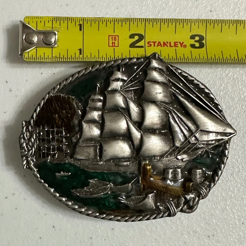 Bergamot Brass Works 1983 3D Sailing Clipper Ship Belt Buckle Enamel VTG Rudyard